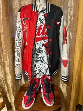 NBA Red Black White Chicago Bulls Satin Varsity Jacket